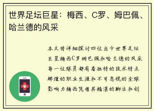 世界足坛巨星：梅西、C罗、姆巴佩、哈兰德的风采